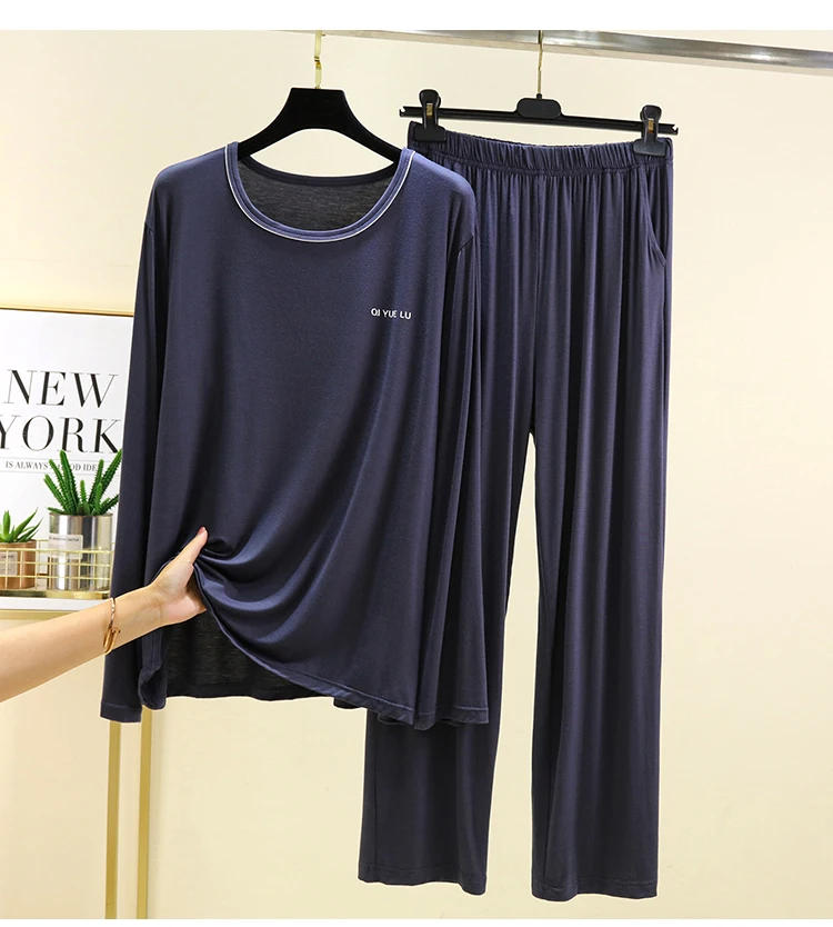 남성용 XL-4XL 파자마 라운드넥 긴팔 잠옷 세트 빅사이즈 모달 파자마 남성 봄 가을 홈웨어 피자마 옴브레