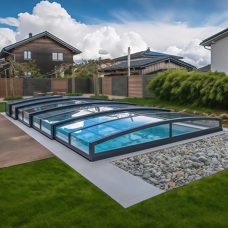 Parasol de techo transparente deslizante telescópico eléctrico para exteriores, cubierta de piscina de vidrio transparente impermeable para el sol