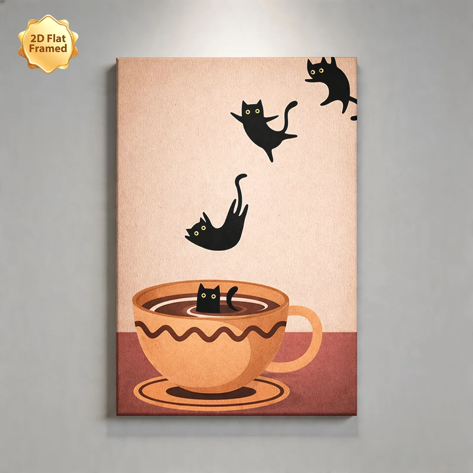 (No frame)2D Flat, 1pc, Framed 2D Flat Canvas Print, Cute Black Cats Jumping Into Coffee Cup, Perfect for Decorating Living R