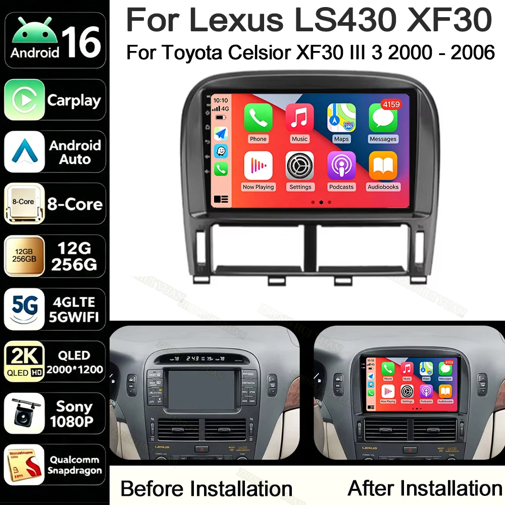 Android 16 For Toyota Celsior XF30 III 3 2000 - 2006 For Lexus LS430 XF30 LS 430 2000 - 2006 Car Radio Stereo GPS Navigation DSP