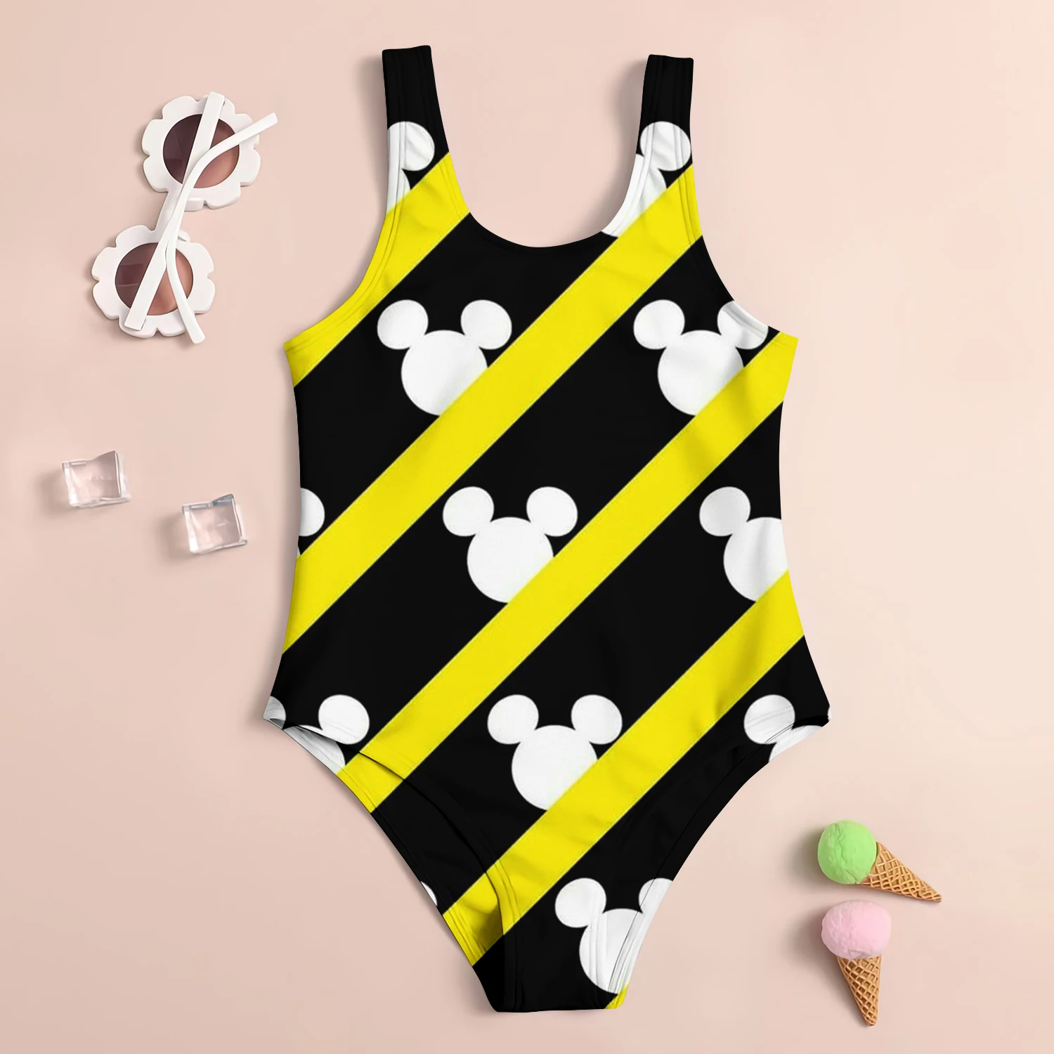 MINISO Disney Mickey Mouse Girl Swimsuit Children\'s Swimsuit 3D Cartoon Print Cute Sand Swimsuit Fashion Children\'s Clothing