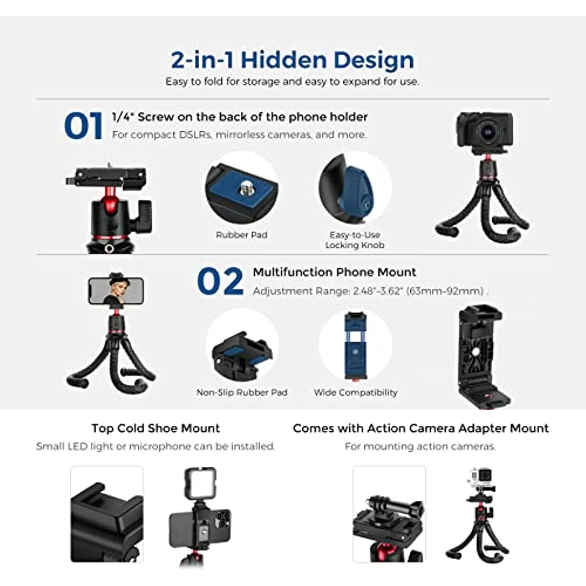 Получите идеальный Гибкий штатив-Осьминог для смартфонов, камер и GoPro-В комплект входят шаровая Головка и мини-зажим для телефона