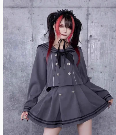 สไตล์ญี่ปุ่น Mine สีตัดกัน Stripe SAILOR COLLAR สาวหวานชุดเสื้อแจ็คเก็ตสั้นและจีบกระโปรงมินิชุด