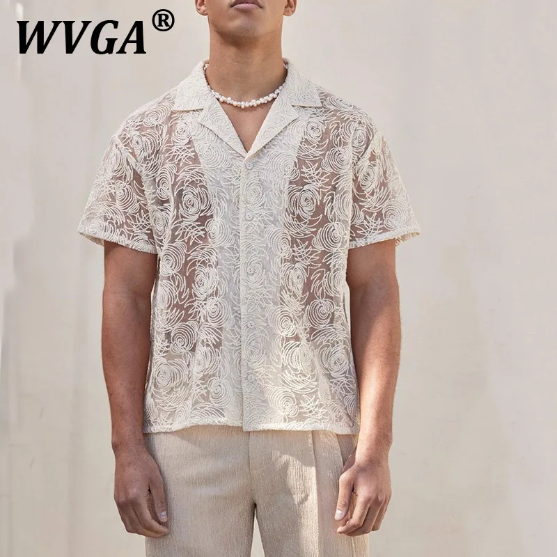 

WVGA Summer New Men Tide Y2K Techwear High Street Hollow Out Shrot Sleeved Shirts Niche Design Loose Chic Casual Shirt Ins W7719