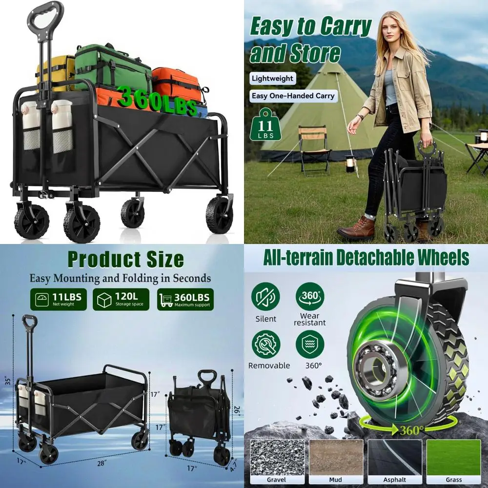 

Складной пляжный фургон емкостью 360 фунтов, легкий и портативный для покупок и кемпинга