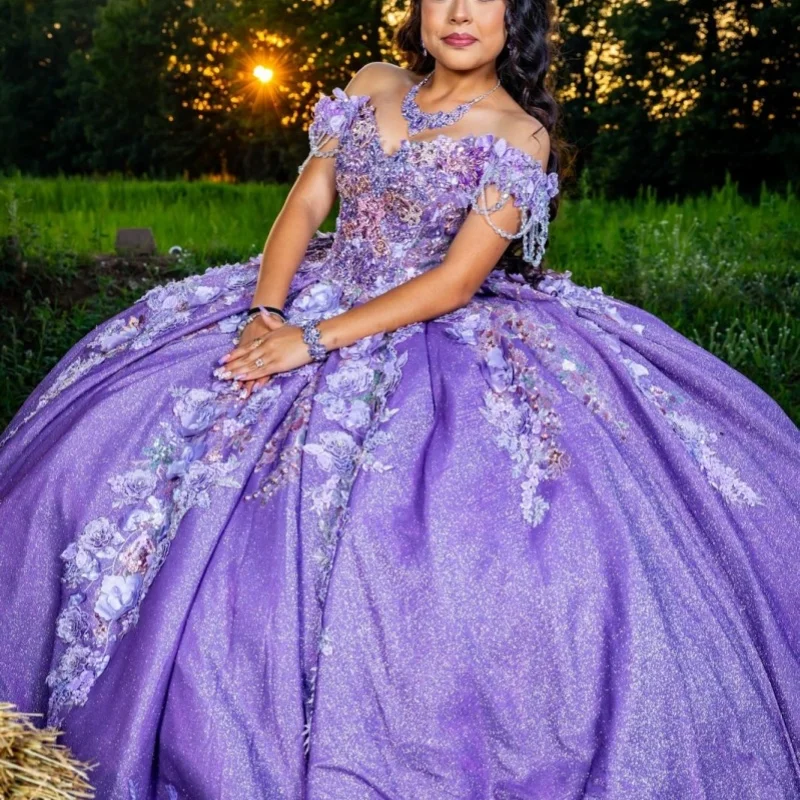 

Shiny Purple Quinceanera Dress Lace crystal off-shoulder sequins Tull decal 3D flower vestidos de 15 Quinceanera ﻿Customized
