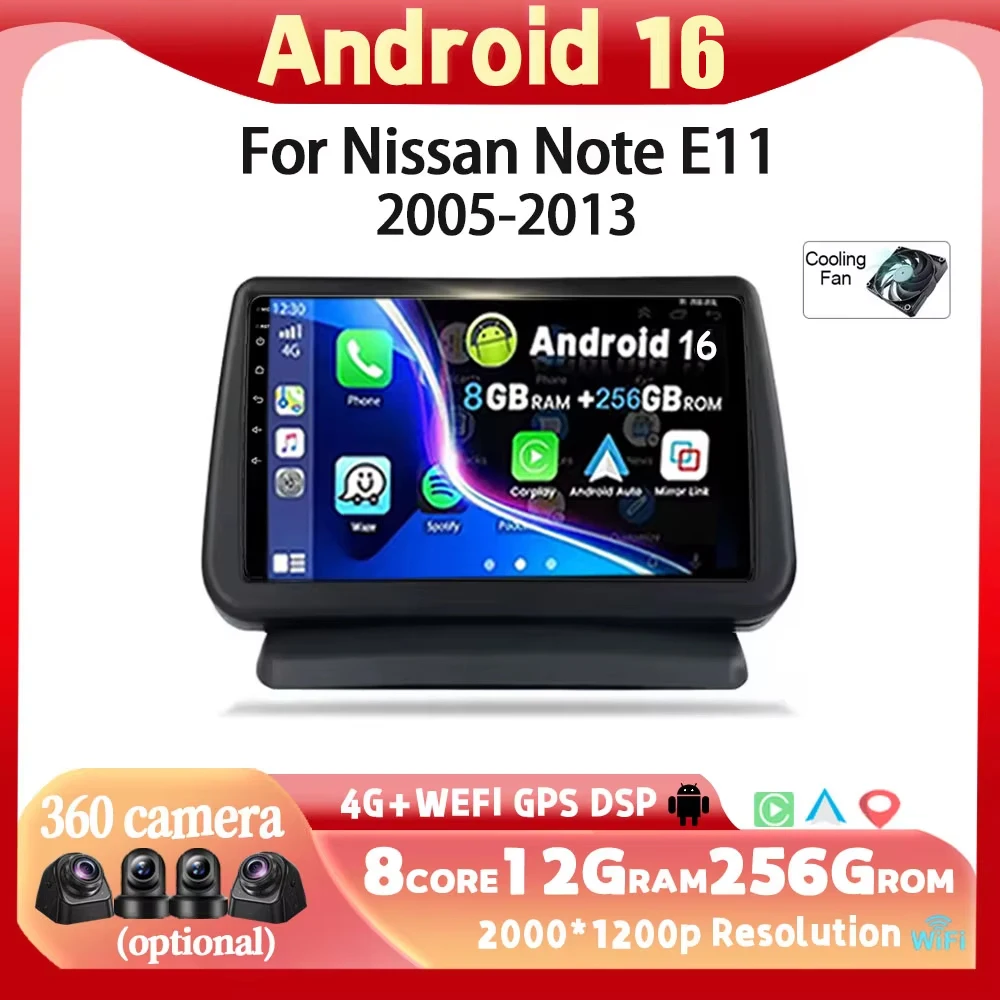 Android 16 für Nissan Note E11 2005 - 2012 Drahtloses Carplay Radio Autoradio Auto-Radio GPS-Navigation Stereo-Multimedia-Player