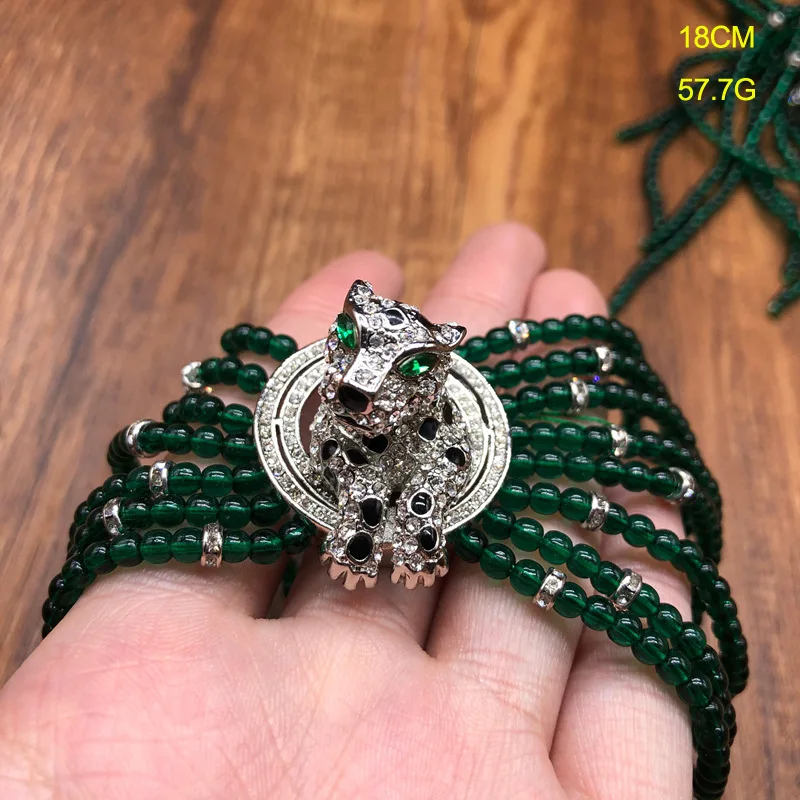 

Retro multi-layer green glass bead beaded three-dimensional leopard copper necklace bracelet ring