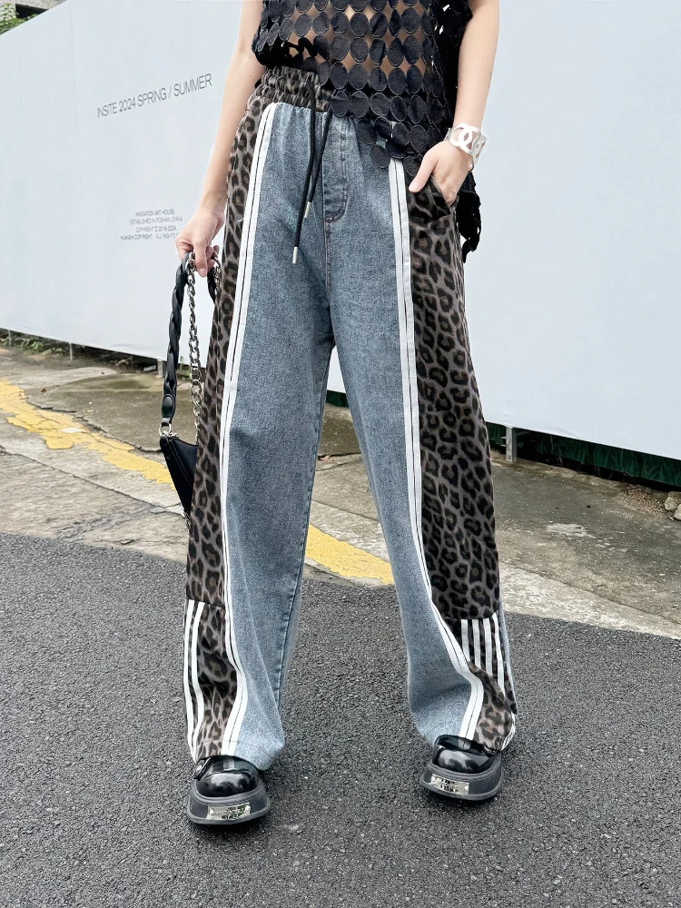 Vintage Street Leopard Print Wide Leg Pants Splicing High Waist Jeans Women 2024 Summer Loose Elastic Casual Trousers Streetwear