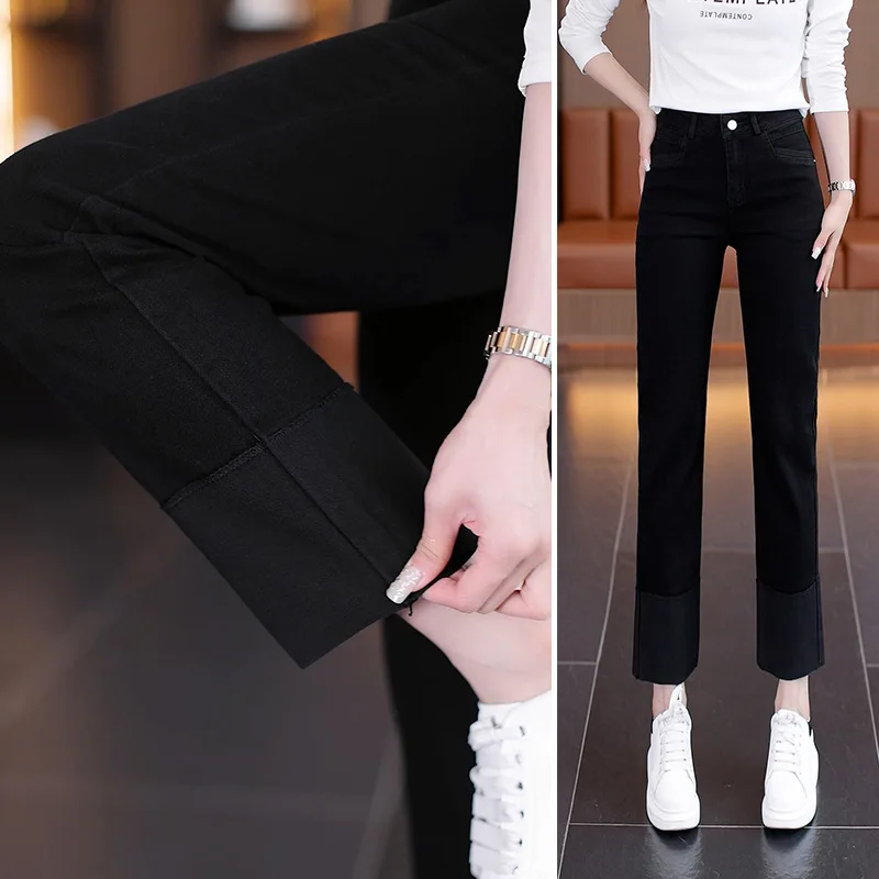 جينز مستقيم الساق للنساء، للربيع والخريف، خصر عالي، تنحيف، متعدد الاستخدامات، تسع نقاط، صغير الحجم، سروال أسود