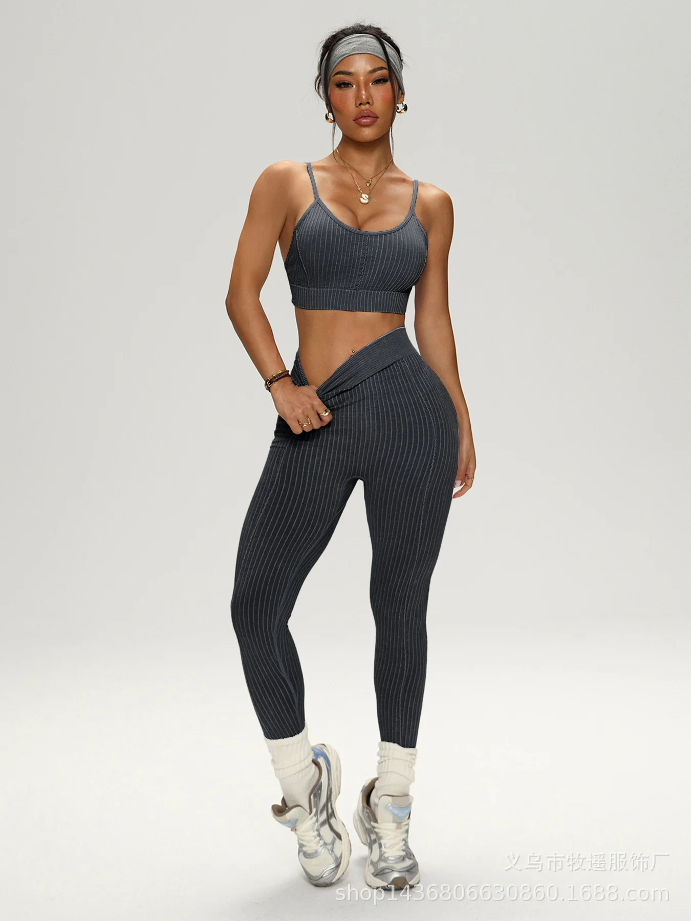 THRUM Sand Washed Seamless Yoga Outfit Women Shockproof Tank Top Two Piece Set Stretch Sports Suit for Fitness Running Workout