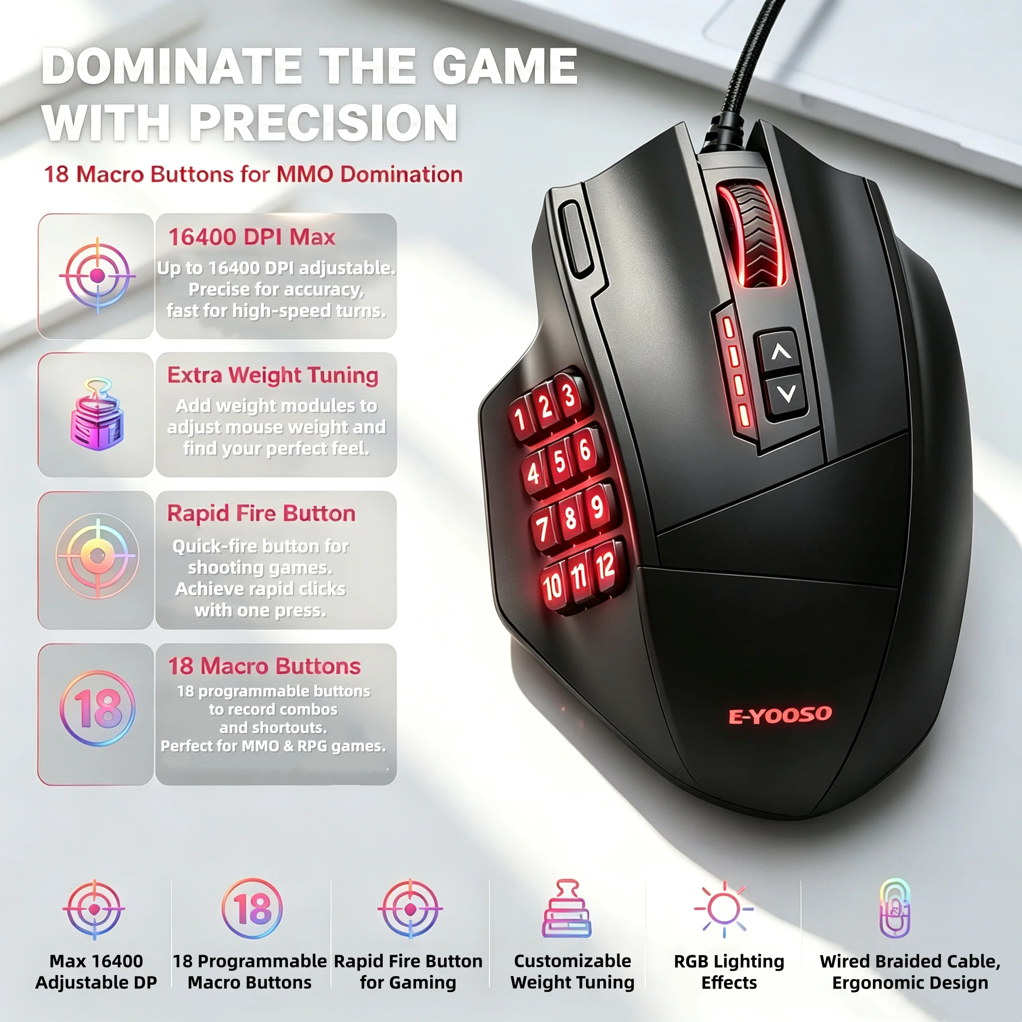 E-YOOSO Wired Gaming Mouse Side Numeric Keypad Mouse 16400 DPI 19 Programmable Adjustable Weight for Home  Desktop PC/Laptop