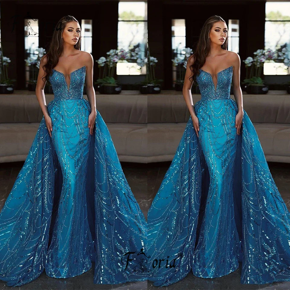 Sparkling Sequin Blue Mermaid Celebrity Party Dress with Detachable Train Beaded Prom Evening Dresses vestidos de fiesta elegant