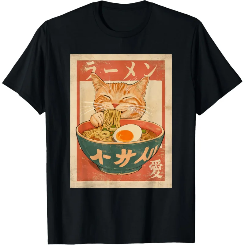 

Cat Ramen Funny Japanese Vintage Graphic Tee Kawaii Anime T-Shirt