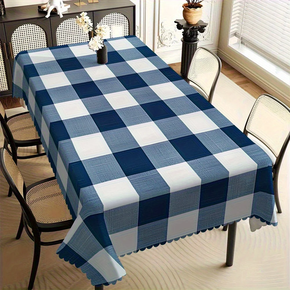 Retro navy blue checkered rectangular tablecloth with pleated edge made of polyester fiber