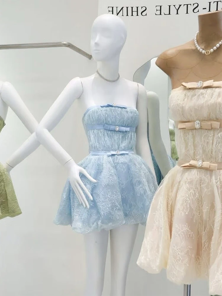 

Elegant Lace Bustier Dress Women's High Waist Short Skirt Ball Gown Sweet Style Polyester Fiber No Sleeve Bridesmaid Dress