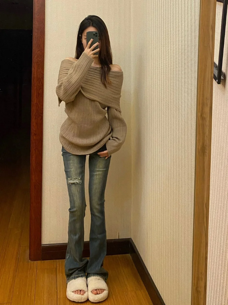 

High Waist Straight Leg Jeans Women's plus Size Trendy Hollow out Bootcut Pants Autumn Winter Deep Blue High Street Vintage