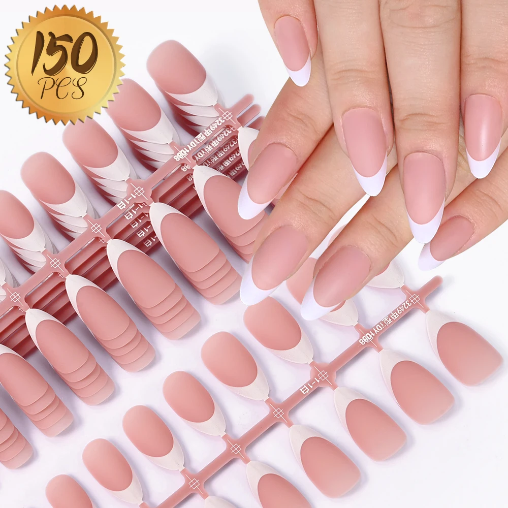 150PCS White French Tip Pink False Nails Frosted Almond Press On Nails 15 Sizes Full Cover Fake Nail Tips For Manicure Extension