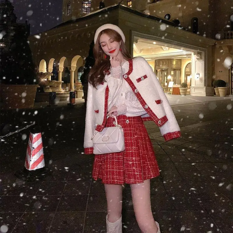 Winter Christmas Women Red Matching Set Sweet Faux Fur Coat + Mini Plaid Pleated Skirt 2PCS Set Lolita Y2k Party Club Outfits