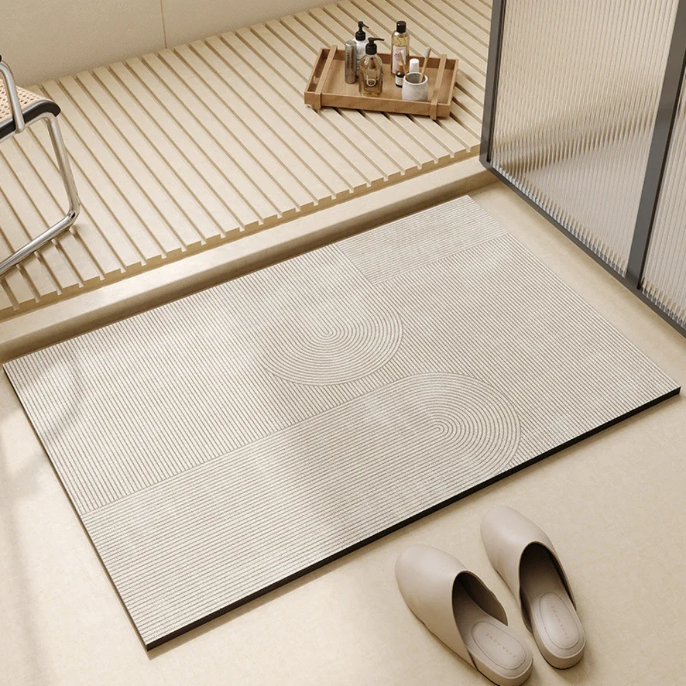 Light Coffee Geometric Line Diatom Bath Mat NonSlip Quick Dry Super Absorbent Shower Rug for Bathroom Door Entry Household