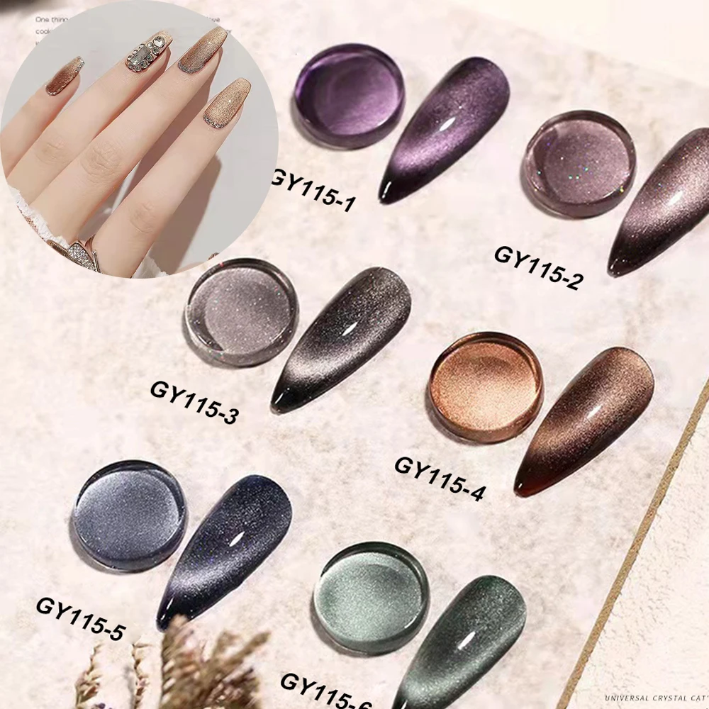 Verhéritage à ongles gel œil de chat large, holographique, diamant, cristal arc-en-ciel, gemmes au clair de lune, vernis magnétique, 6 bocaux par lot