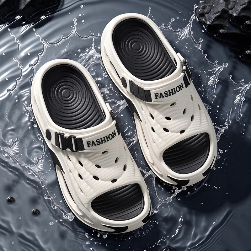 Open Toe Chunky Platform Beach Sandals Men Anti Slip Hollow Out Thick Sole Eva Slippers Men Outdoor Drive Fishing Soft Sandals
