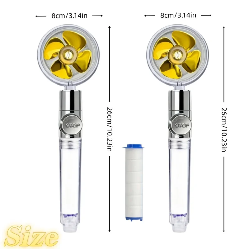 2Pcs Gold Fan High Pressure Shower Head Boost 360° Rotate Water Save One-Click Stop Built-In Filter 20/10/0 Cartridges Home RV