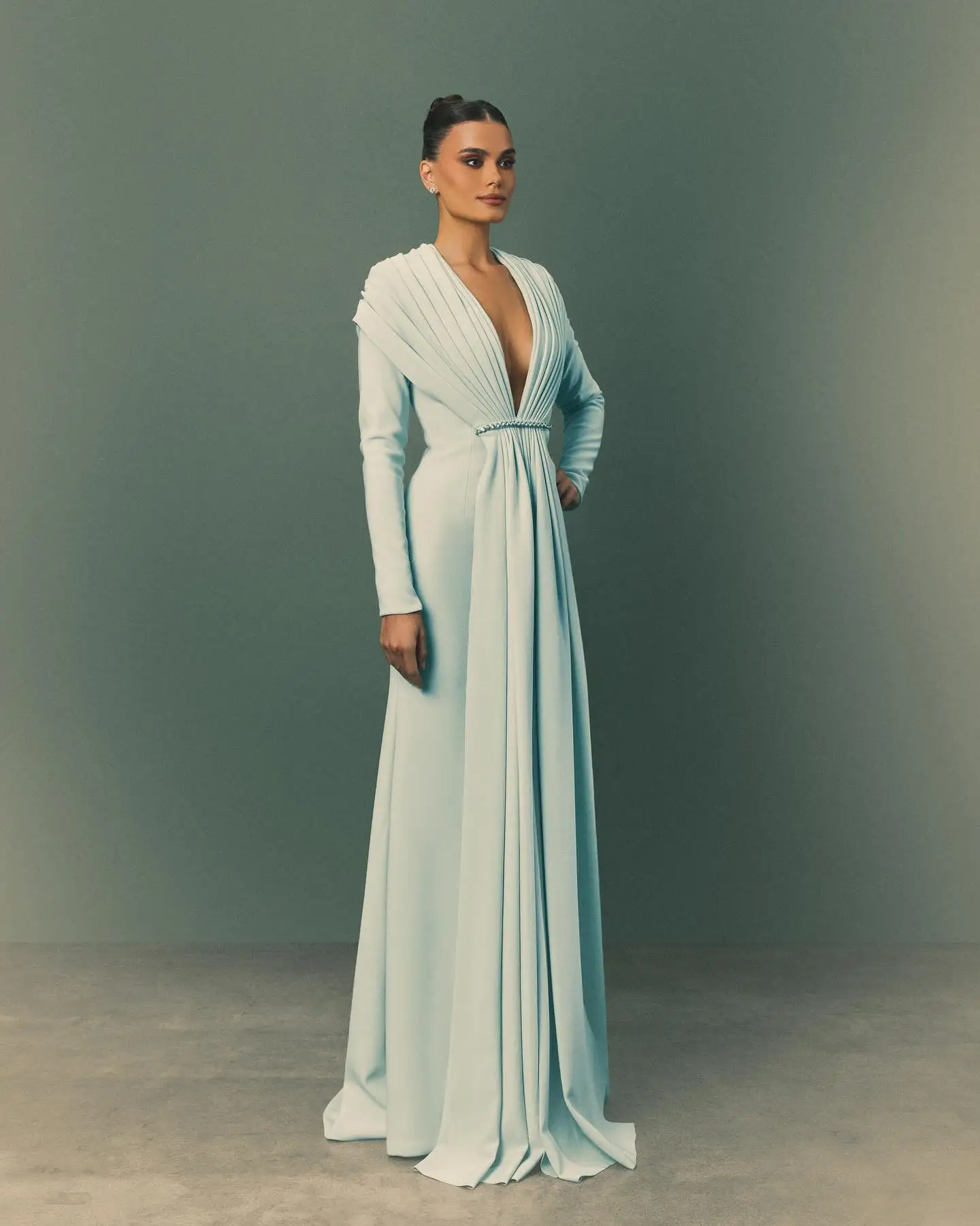 Customized High Quality Jersey Crystal Evening Dresses Temperament Long Sleeves V-Neck Prom Dress Custom Size Party Dr image 2