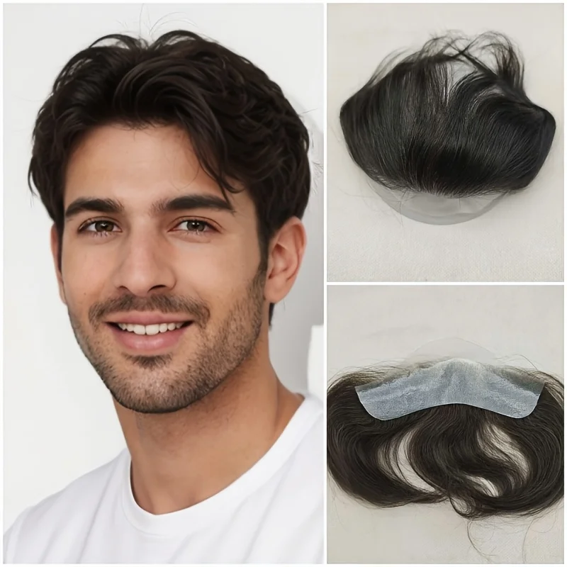 

Men's Frontal Human Hair Hairpiece - V-LOOP Hairline, PU Thin Light Beige, Straight Topper for Hair Loss, Replacement Toupee