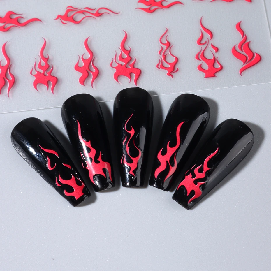 2Pcs Fire Flame Nail Stickers Gold Red Torch Light cursore autoadesivo linee a righe decalcomanie per unghie Manicure Decor accessori fai da te