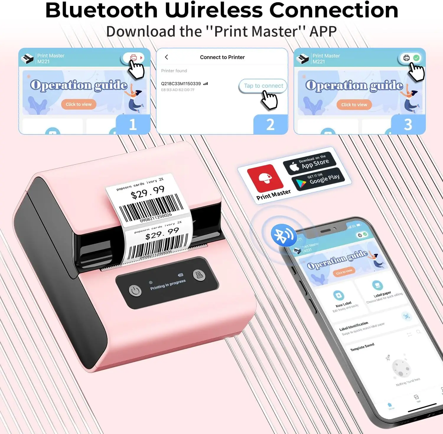 Imagem -05 - Impressora de Código de Barras Portátil Rosa Atualização Bluetooth Térmica Inkless Label Maker Suporte a Telefone e pc Phomemo-m221