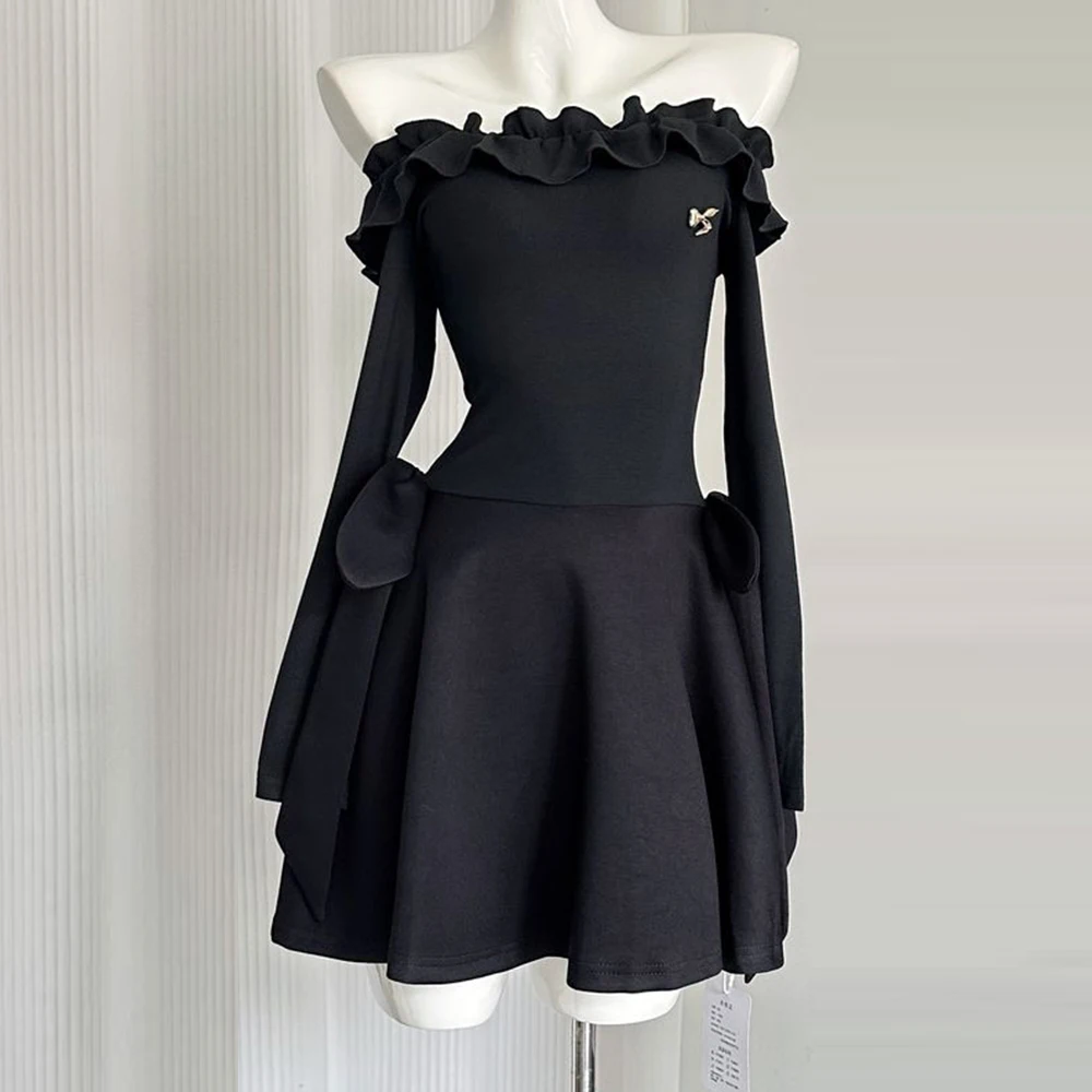 

C-bit small black dress, Xiaoxiangfeng one-word shoulder dress, waist black high-end temperament skirt