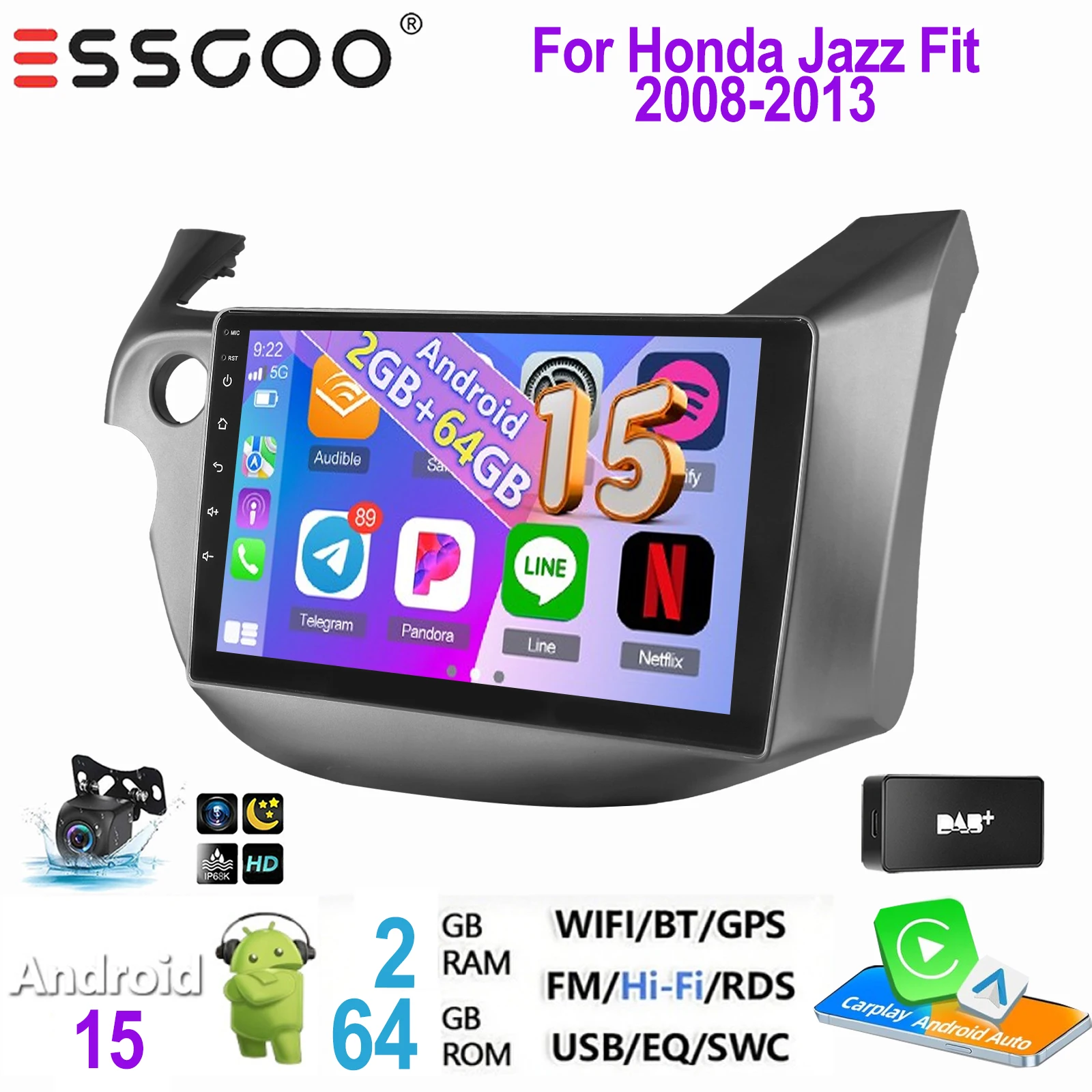 ESSGOO 2 DIN autoradio voor Honda Jazz Fit 2008-2013 Android 15 met draadloze Carplay, Android Auto, GPS, NAVI, WIFI, SWC, RDS, FM, ASP