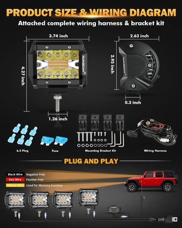 Auxbeam 2/4Pcs 4 Inch 6 Lighting Modes 120W 6000K Amber White LED Work Light LED Pods Lights with Harness