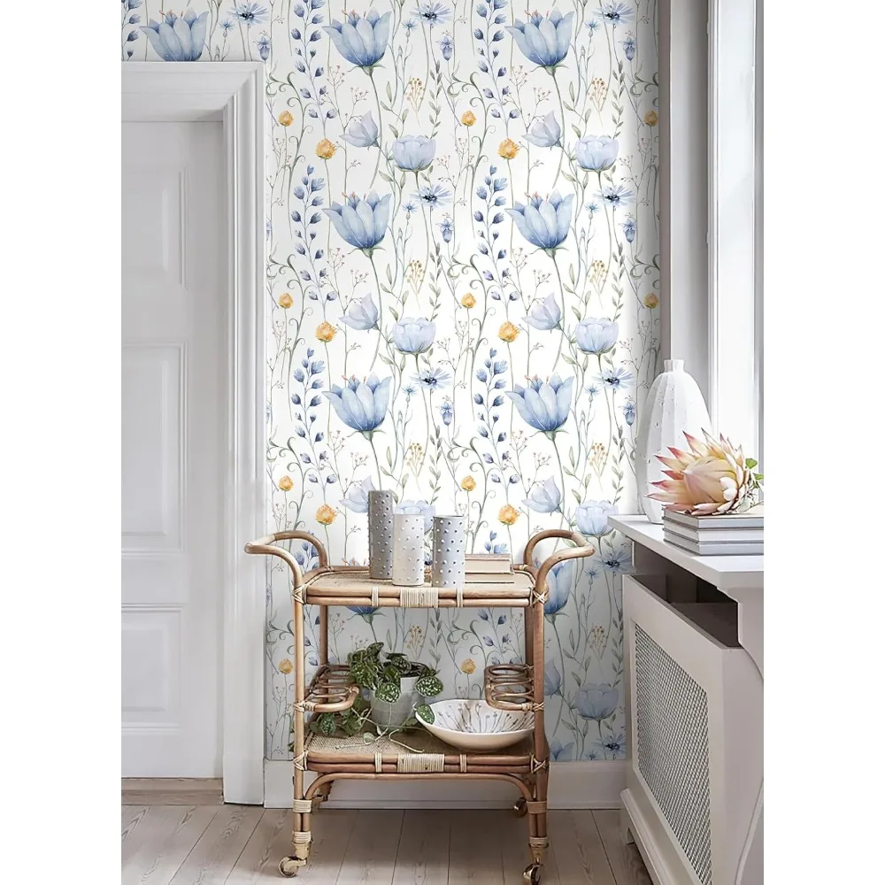 ورق جدران ذاتي اللصق مقاوم للماء قابل للإزالة بالزهور الزرقاء للأثاث، 16.1 × 787 بوصة، تطبيق سهل التقشير واللصق
