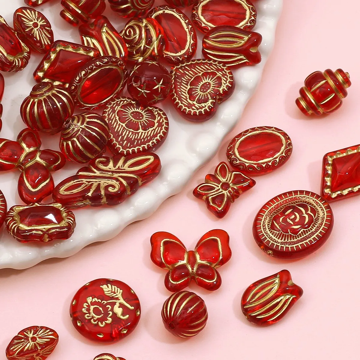 Vintage Amber Painted Red Black Acrylic Loose Spacer Baroque Bead For Jewelry Making DIY Necklace Bracelet Accessories Wholesale