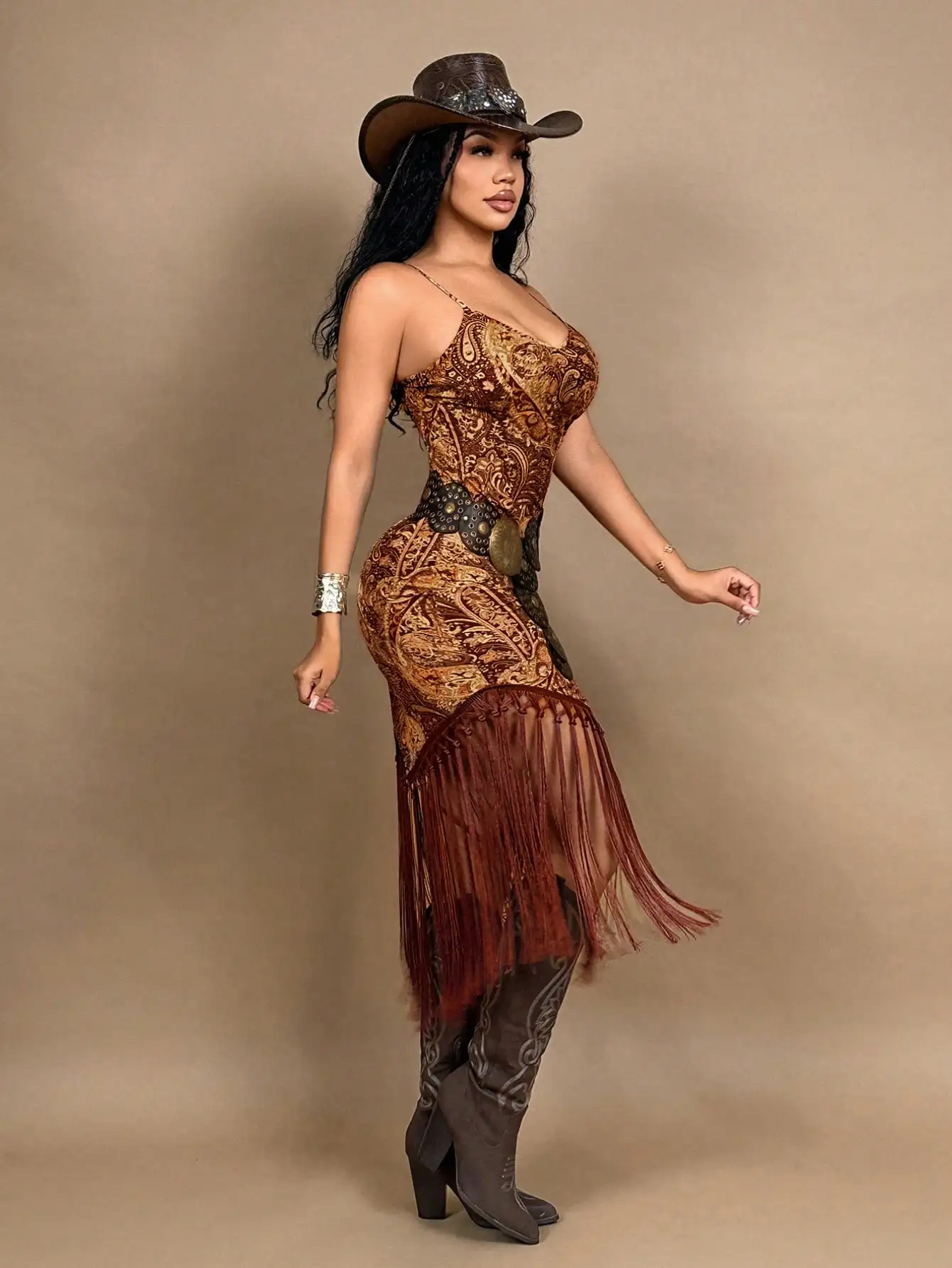 BWQ Vacation Music Festival Retro Printed Fringed Hem Backless Cami Mid-Length Dress, Women Summer Dresses,Western Wear Women