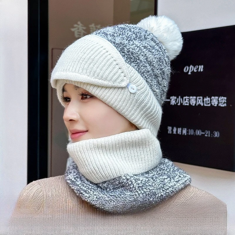 Hat, Scarf, Mask, Warm Kit for Women's Winter New Thickened Cycling Ear Protection, Windproof Knitted Hat Three-piece Set