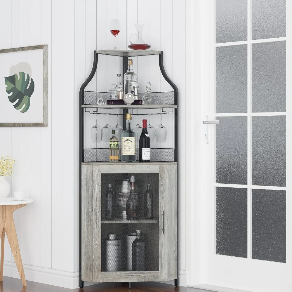 Corner Bar Cabinet, Wine Bar Cabinet with Large Storage Space and Detachable Wine Rack, Wine Cabinets with Glass Holder