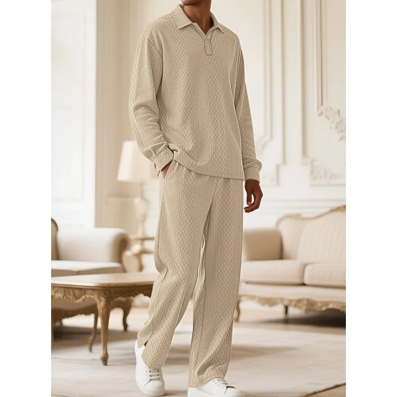 

Новинка 2023 года, осенний однотонный пуловер-поло с длинными рукавами, мужские свободные повседневные брюки, универсальный костюм