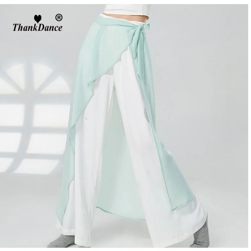 Pantalones de pierna ancha para mujer, pantalones elegantes de gasa para práctica de baile clásico, baile moderno chino, ropa de calle de moda