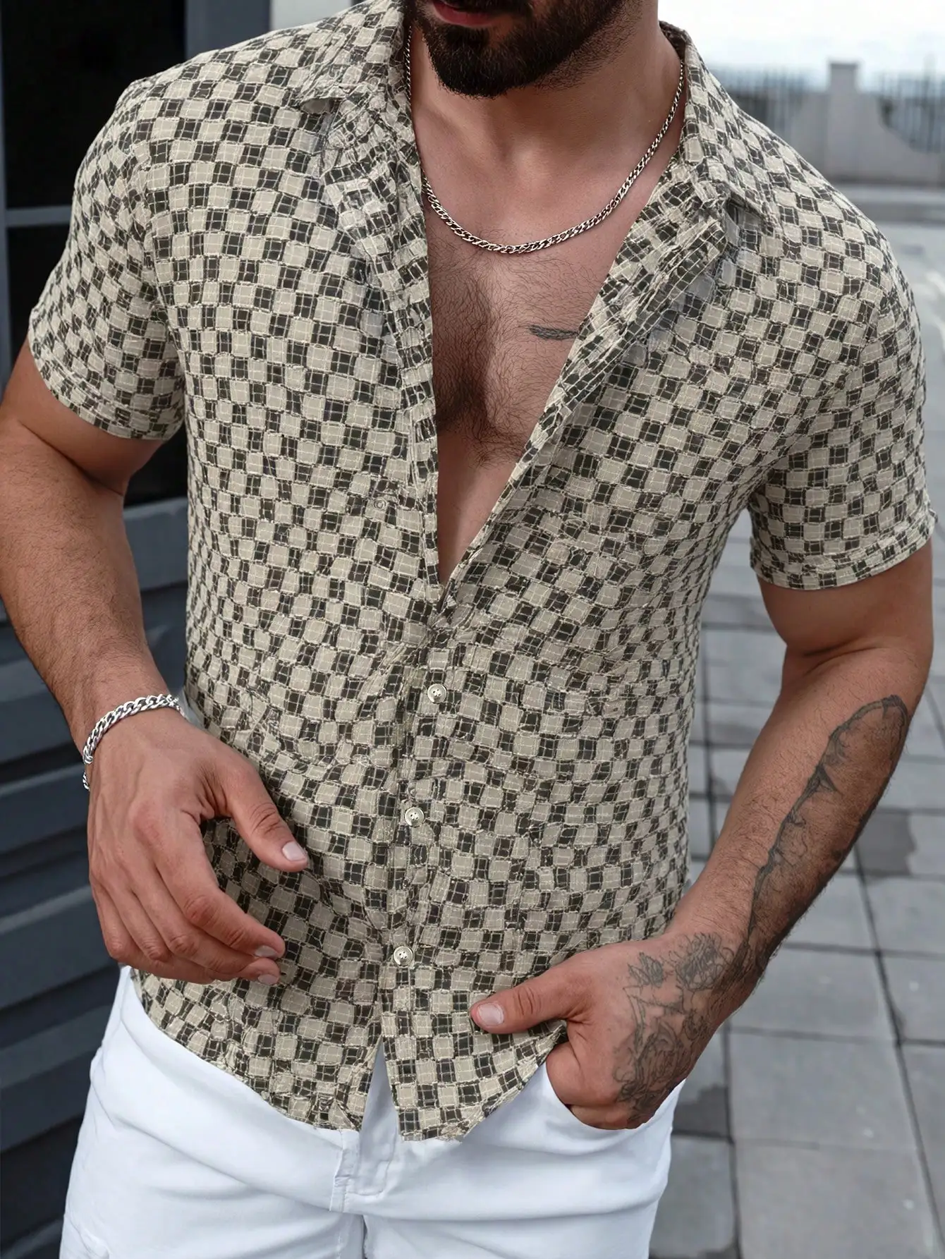 

Men's Short Sleeve Open-Front Checkered Casual Shirt, Lightweight Summer Wear