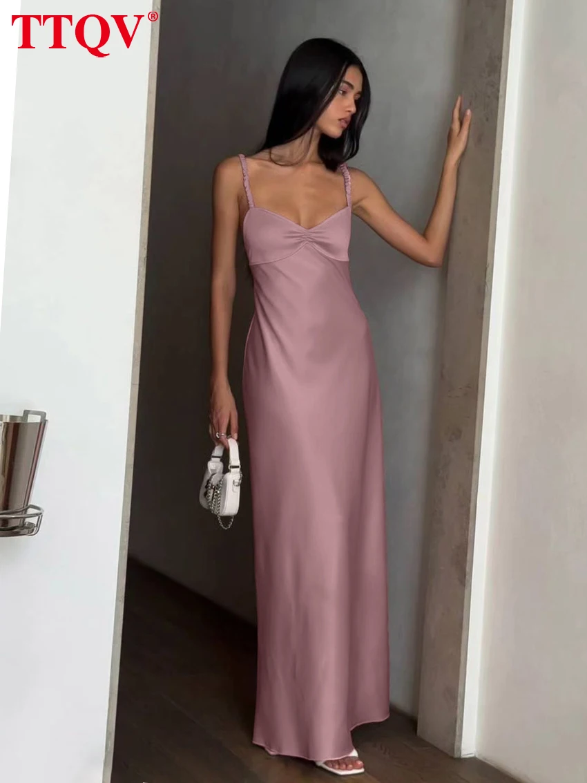 

TTQV Sexy Loose Pink Satin Women's Dress 2026 Summer Strap Sleeveless Maxi Dresses Elegant Classic Solid Female Dress Streetwear