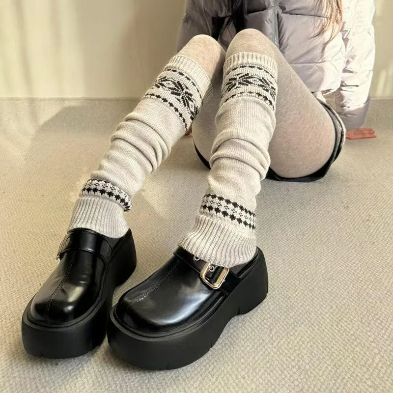 

Зимние теплые носки со снежинками, гетры для женщин Y2K, вязаные ботинки, эластичные толстые длинные носки-трубы в стиле Харадзюку, леггинсы