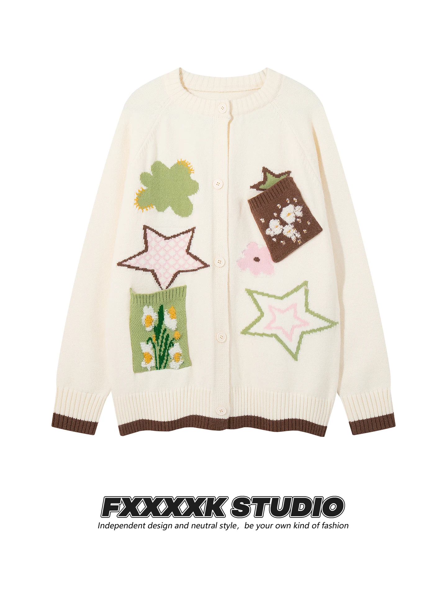 

Кардиган-свитер FXK в американском стиле с вышивкой звезд и цветов, вязаный, свободный, женская верхняя одежда