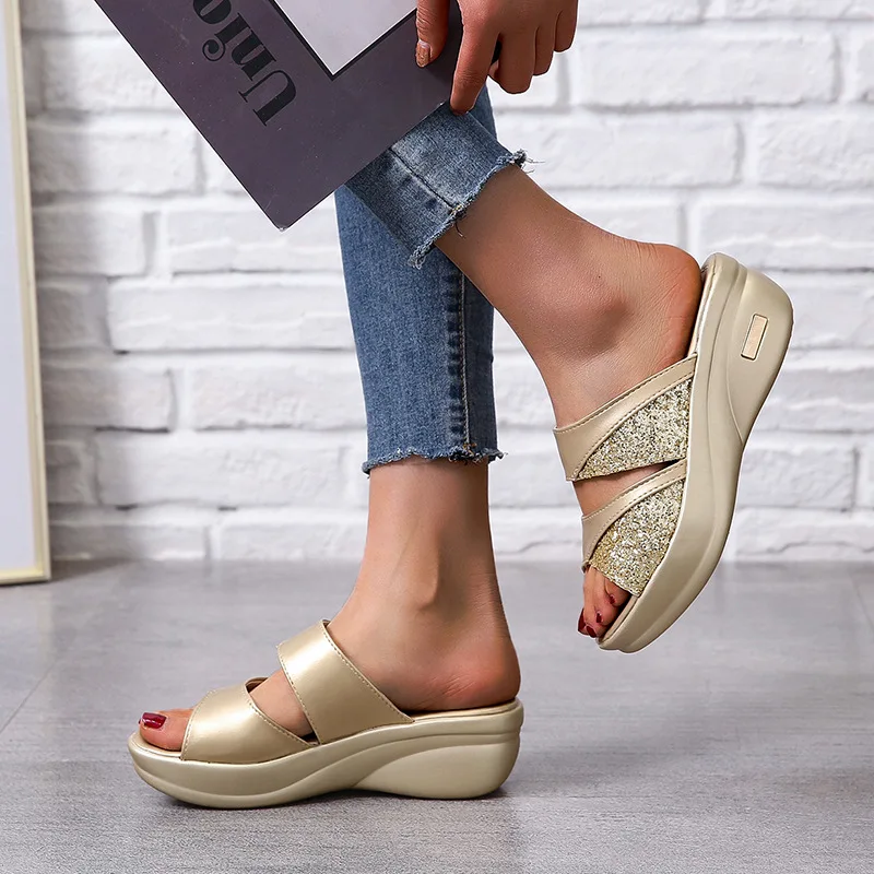 Women Summer Slippers Ladies Glitter PU Wedges Shoes Female Casual Slingbacks Sandals Comfortable Platform Woman Plus Size 34-44