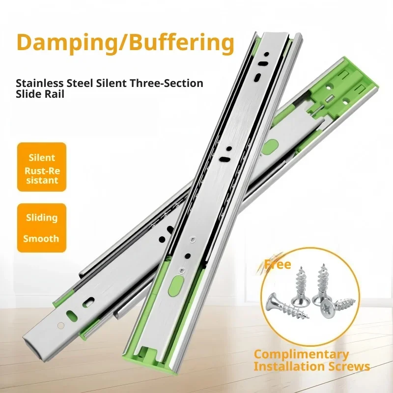 Heavy Duty 3-Section Stainless Steel Undermount Drawer Slides, Silent Damping for Kitchen Cabinet Hardware