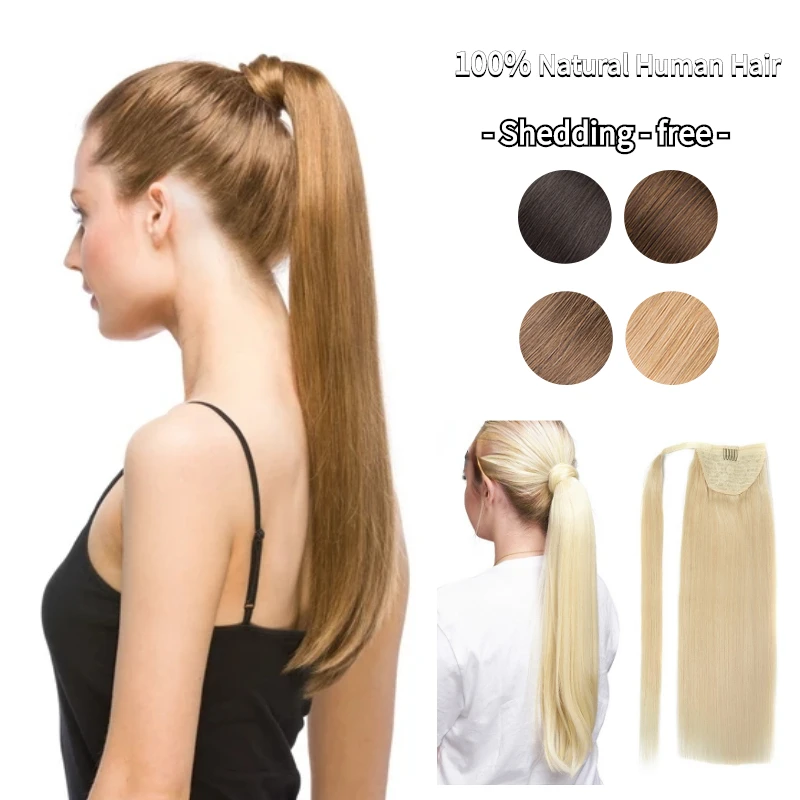 Extensions de cheveux naturels Remy avec Clip, queue de cheval, lisses, blondes, brunes, noires, 12 à 26 pouces