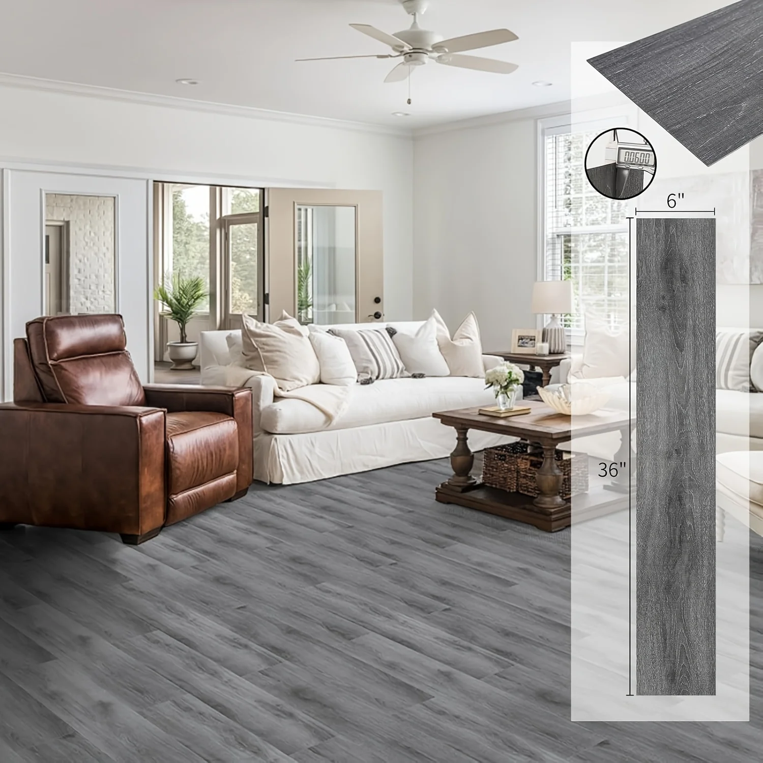 Vinyl Tile Stickers, 36pcs Bags 54 Sq. Ft., Peeled DIY Flooring, Vinyl Plank Flooring, Automatic Bonding for Bedrooms, Kitchen, RV And Living Room, No Sticky Residue (36" X 6") Smoke Grey