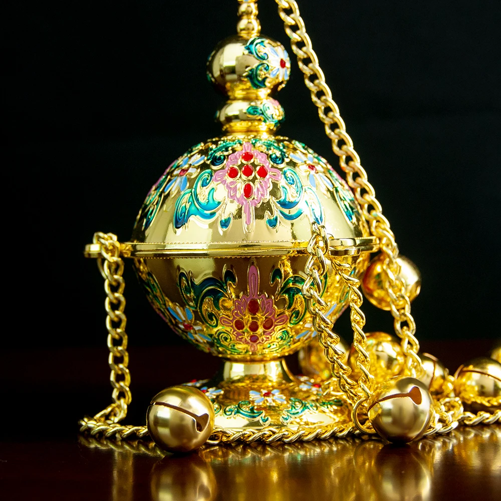 مبخرة الكنيسة، مبخرة معلقة، مبخرة أرثوذكسية مع سلسلة، سبائك الزنك مطلية بالذهب، 6.7 بوصة * 3.9 بوصة